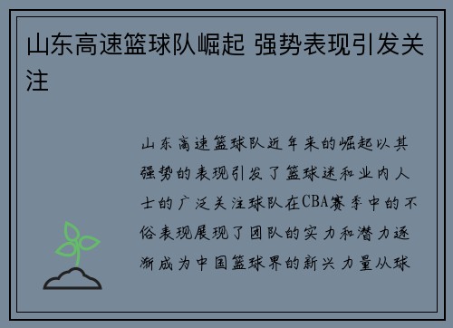 山东高速篮球队崛起 强势表现引发关注