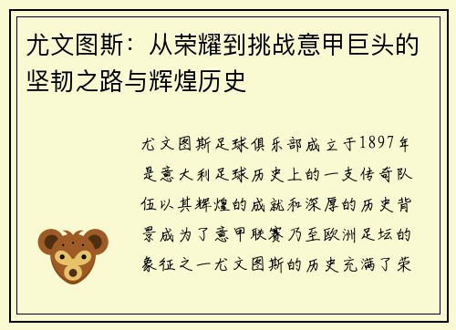 尤文图斯：从荣耀到挑战意甲巨头的坚韧之路与辉煌历史
