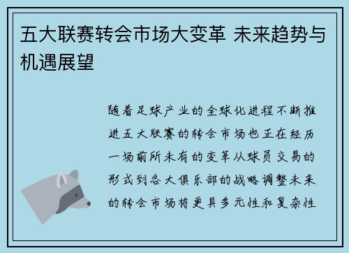 五大联赛转会市场大变革 未来趋势与机遇展望