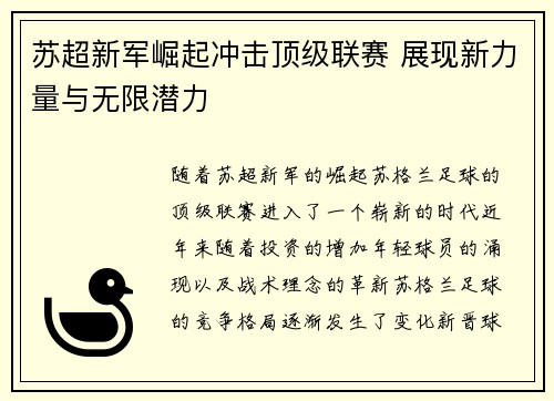 苏超新军崛起冲击顶级联赛 展现新力量与无限潜力